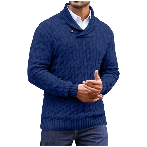 Timoontee Men's Dressy Cable Knit Sweater Long Sleeve Button Mock Neck Sweater Solid Pullover Sweaters Fall Winter Casual Comfy Sweater Dark Blue XL