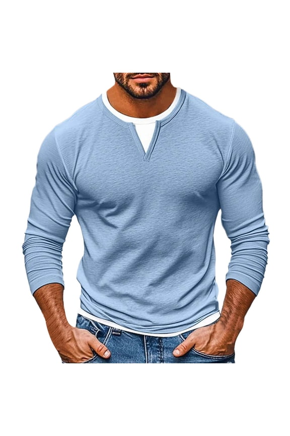 Men's Fake Two-Piece Double-Layer Shirts Modern Fit Long Sleeve V-neck Pullover Shirts Lightweight Solid Color Shirts Blue S