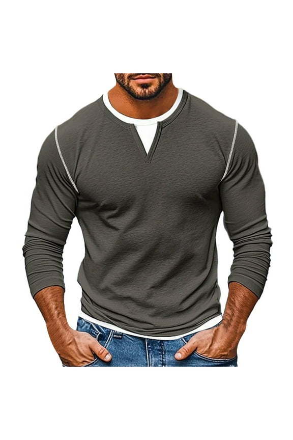 Men's Fake Two-Piece Double-Layer Shirts Modern Fit Long Sleeve V-neck Pullover Shirts Lightweight Solid Color Shirts Gray L