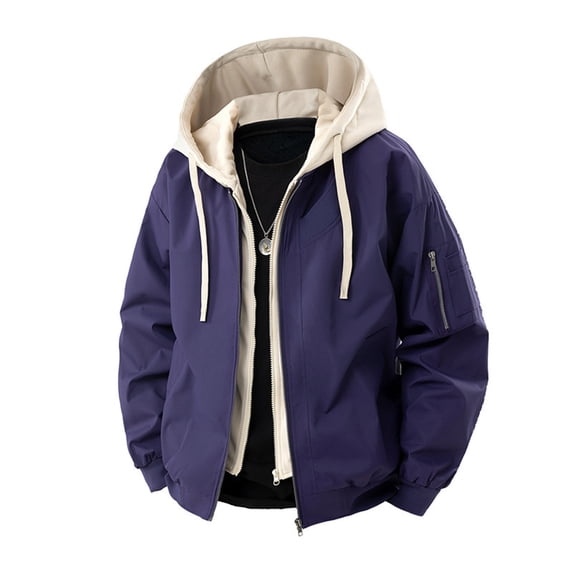 Timoontee Men's Fake Two-Piece Jacket Coat Casual Comfy Long Sleeve Zip Up Hooded Jacket Color Block Pockets Jacket Fall Trendy Outfits Purple S