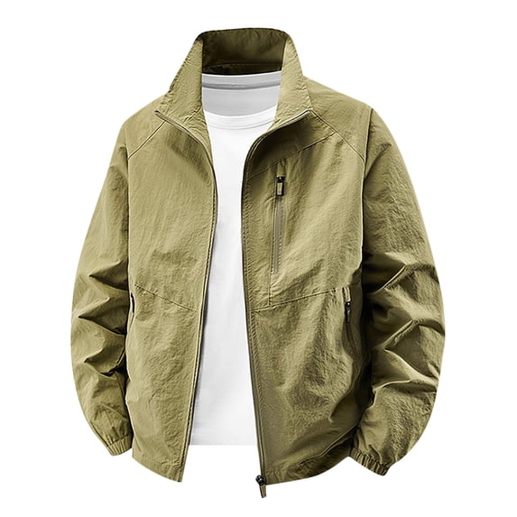 Timoontee Men's Fall Fashion Casual Jacket Long Sleeve Stand Collar Zip Up Jacket Coat Lightweight Solid Zip Pocket Hooded Jacket Khaki XXXXXL