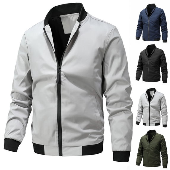 Timoontee Men's Fall Jacket Casual Stand Collar Jacket Coat Long Sleeve Plus Size Jacket Solid Full Zip Jacket with Multi Pockets Black L