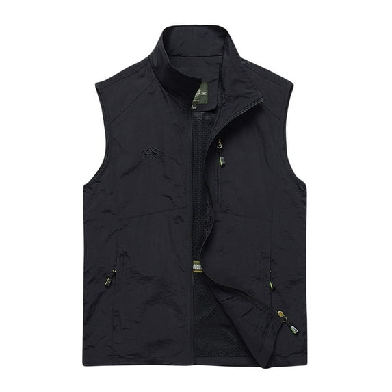 Timoontee Men's Fall Vest Casual Work Waistcoat Outdoor Hiking Workout Vest Sleeveless Stand Collar Full Zip Jacket Vest with Zip Pockets Black M