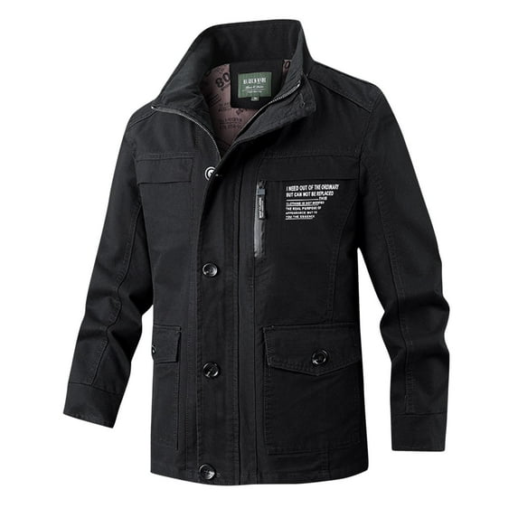 Timoontee Men's Fall Winter Jacket Casual Comfy Windproof Jacket Coat Long Sleeve Stand Collar Coats Solid Full Zip Outerwear with Multi Pockets Black XL