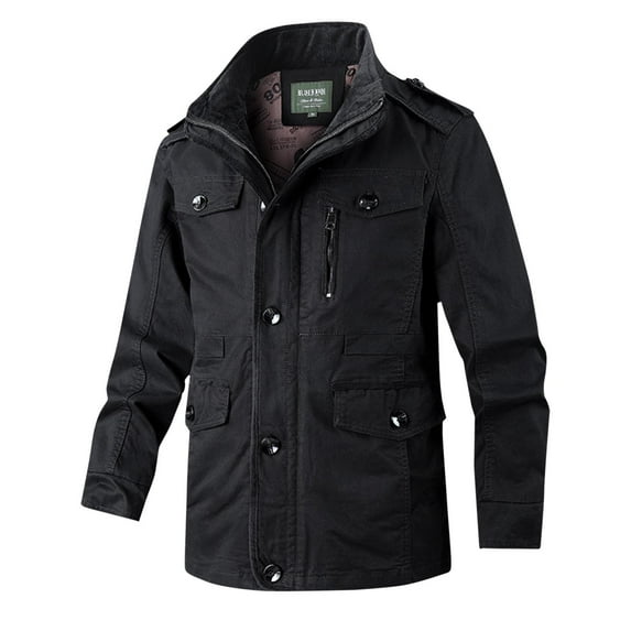 Timoontee Men's Fall Winter Jacket Casual Comfy Windproof Jacket Coat Long Sleeve Stand Collar Coats Solid Full Zip Outerwear with Multi Pockets Black XXL
