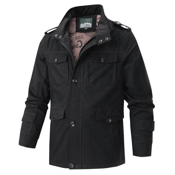 Timoontee Men's Fall Winter Jacket Casual Comfy Windproof Jacket Coat Long Sleeve Stand Collar Coats Solid Full Zip Outerwear with Multi Pockets Black XXXXL