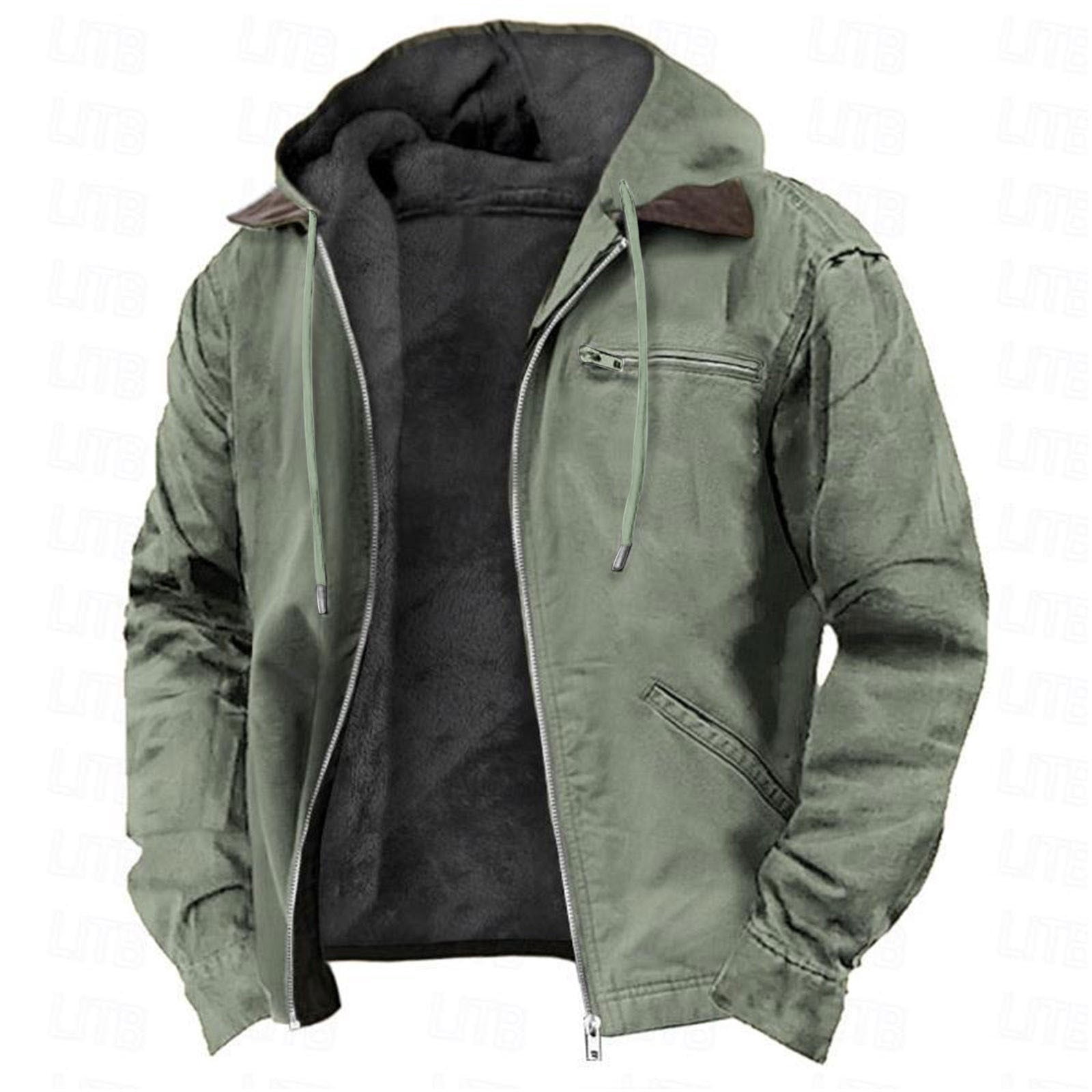 Timoontee Men's Fall Winter Thickened Warm Jacket Coat Solid Full Zip Hooded Coats Sherpa Lined Jacket Casual Comfy Fashion Outerwear Coat Army Green M