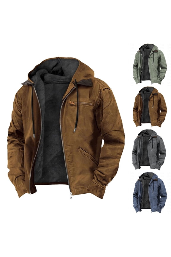 Men's Fall Winter Thickened Warm Jacket Coat Solid Full Zip Hooded Coats Sherpa Lined Jacket Casual Comfy Fashion Outerwear Coat Brown L