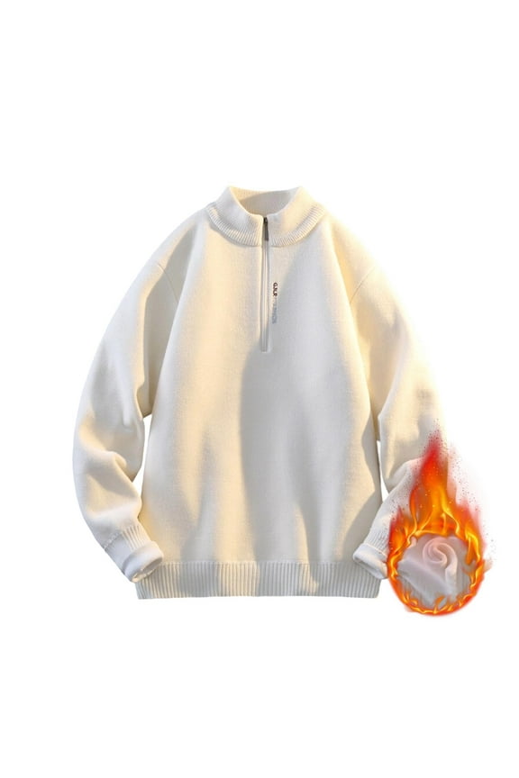 Men's Fall Winter Thickened Warm Sweater Casual Comfy Knit Stand Collar Top Solid Quarter Zip Pullover Sweater Fleece Lined Sweater Beige L