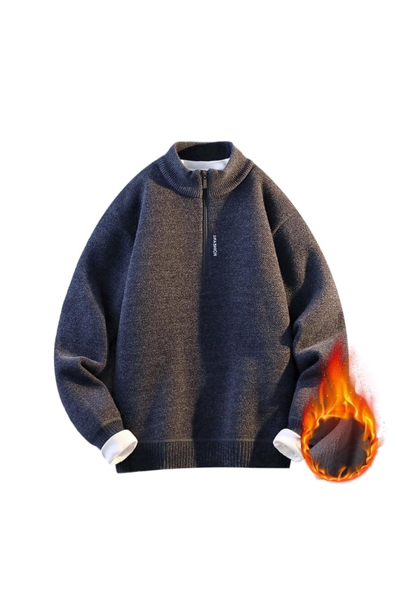 Men's Fall Winter Thickened Warm Sweater Casual Comfy Knit Stand Collar Top Solid Quarter Zip Pullover Sweater Fleece Lined Sweater Dark Gray L