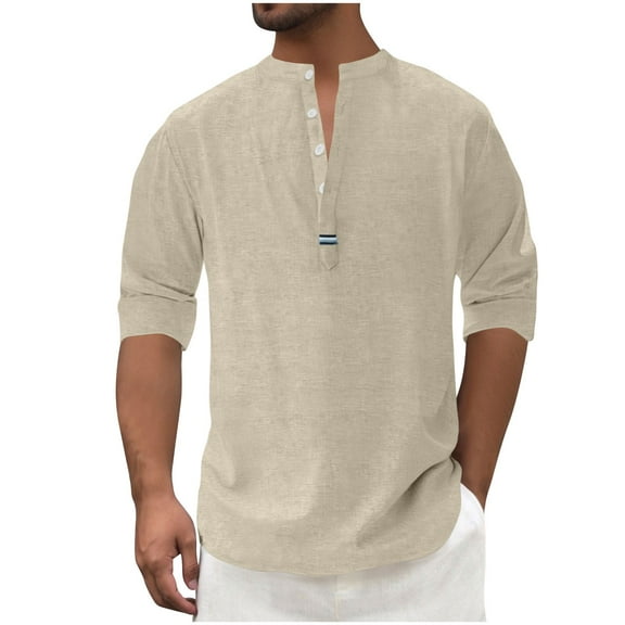 Timoontee Men's Fashion Casual Shirts Long Sleeve Henley Pullover T-Shirts Loose Fit Breathable Sliod Workout T-Shirts Khaki XL