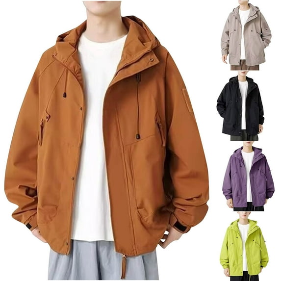 Timoontee Men's Fashion Jacket Casual Comfy Workwear Hooded Jacket Outdoor Travel Hiking Cycling Mountain Windbreaker Solid Zip Up Jacket Coat Purple L