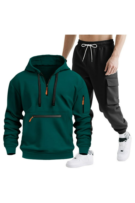 Men's Fashion Solid Sweatsuits 2 Piece Set Long Sleeve Hoodies Quarter Zip Pullover Sweatshirts with Drawstring Cargo Sweatpants for Hiking Jogging Workout Army Green M