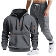 thumbnail image 1 of Timoontee Men's Fashion Solid Sweatsuits 2 Piece Set Long Sleeve Hoodies Quarter Zip Pullover Sweatshirts with Drawstring Cargo Sweatpants for Hiking Jogging Workout Dark Gray XL, 1 of 9
