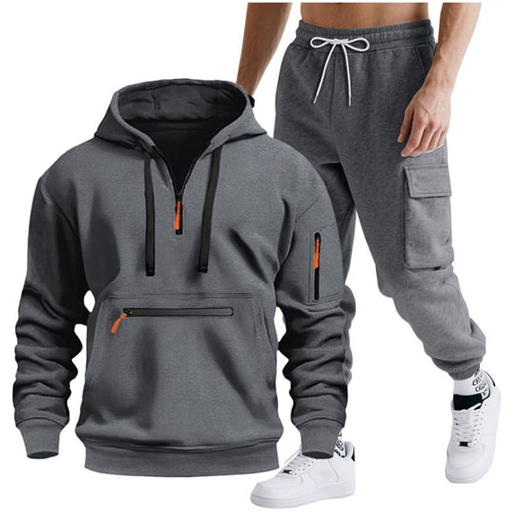 Timoontee Men's Fashion Solid Sweatsuits 2 Piece Set Long Sleeve Hoodies Quarter Zip Pullover Sweatshirts with Drawstring Cargo Sweatpants for Hiking Jogging Workout Dark Gray XL