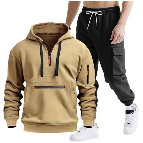 Timoontee Men's Fashion Solid Sweatsuits 2 Piece Set Long Sleeve Hoodies Quarter Zip Pullover Sweatshirts with Drawstring Cargo Sweatpants for Hiking Jogging Workout Khaki L