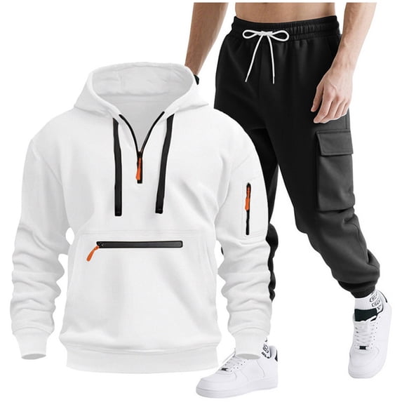 Timoontee Men's Fashion Solid Sweatsuits 2 Piece Set Long Sleeve Hoodies Quarter Zip Pullover Sweatshirts with Drawstring Cargo Sweatpants for Hiking Jogging Workout White XXL