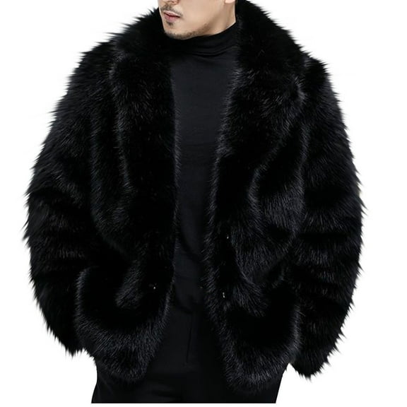 Timoontee Men's Faux Fur Coats Oversize Soft Comfy Casual Coats Solid Lapel Open Front Coats Fall Winter Fashion Warm Outerwear Coat Black M