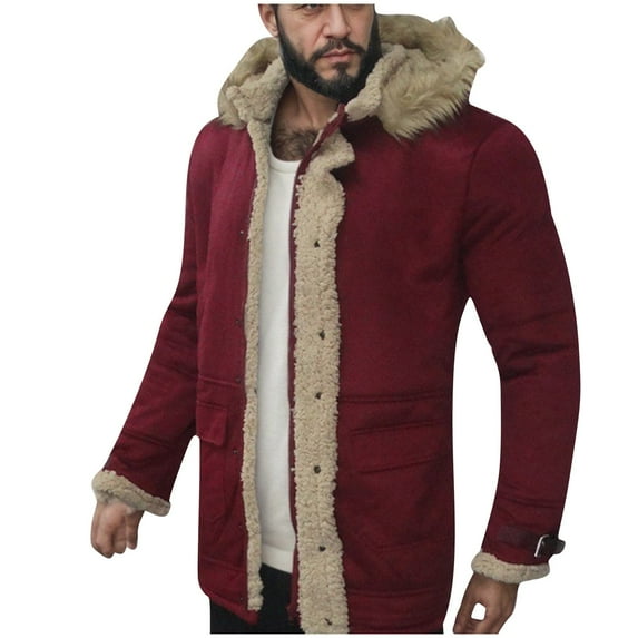 Timoontee Men's Fleece Coat Sherpa Lined Overcoat Warm Thickened Winter Coat Faux Fur Long Hooded Coat Casual Comfy Hoodies Solid Snap Outerwear Wine XL