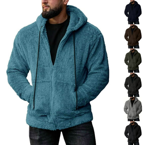Timoontee Men's Fleece Coat Soft Comfy Hoodies Sherpa Lined Coat Casual Long Sleeve Hooded Sweatshirt Solid Full Zip Outerwear Fall Winter Warm Coats Black L