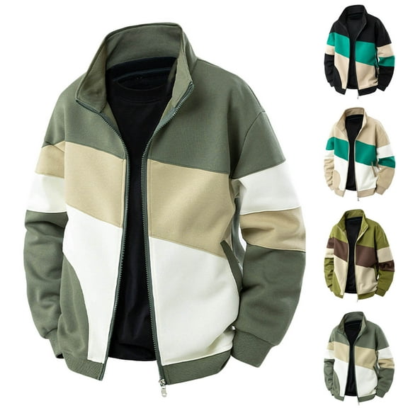 Timoontee Men's Fleece Jacket Casual Long Sleeve Stand Collar Jacket Fashion Color Block Full Zip Jacket Athletic Jacket for Travel Hiking Workout Khaki M