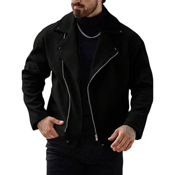 Timoontee Men's Fleece Jacket Outdoor Casual Windbreaker Long Sleeve Notched Collar Jacket Solid Zip Up Jacket Fall Spring Fashion Clothes Black L