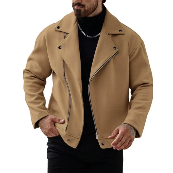 Timoontee Men's Fleece Jacket Outdoor Casual Windbreaker Long Sleeve Notched Collar Jacket Solid Zip Up Jacket Fall Spring Fashion Clothes Khaki XXL