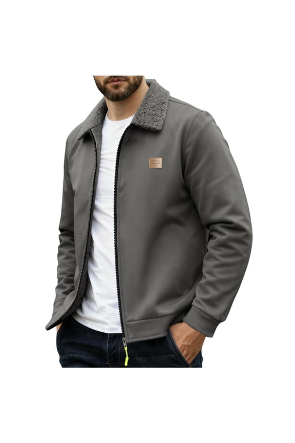 Men's Fleece Lined Jacket Solid Zip Up Jacket Daily Casual Lapel Jacket Winter Jacket Outdoor Jacket for Hiking Fishing Gray L