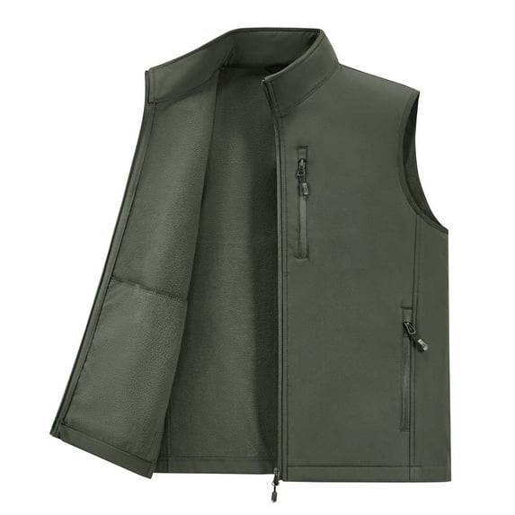 Timoontee Men's Fleece Lined Vest Fall Winter Warm Vest Coats Waterproof Outdoor Casual Hiking Vest Sleeveless Jacket Vest Solid Full Zip Vest with Zip Pockets Army Green XXL