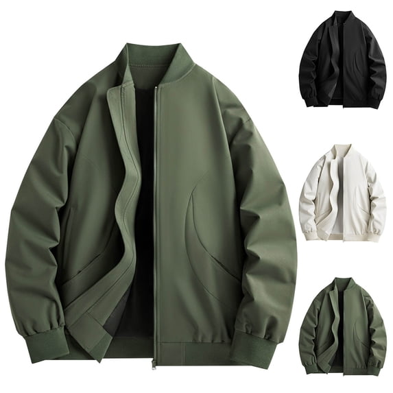 Timoontee Men's Flight Jacket Long Sleeve Stand Collar Jacket Coat Daily Casual Jacket Solid Full Zip Jacket Lightweight Spring Fall Jacket White XL