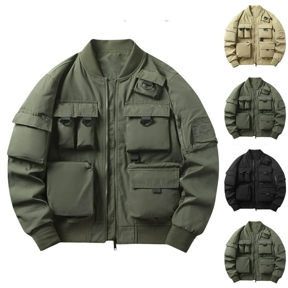 Timoontee Men's Flight Jacket Long Sleeve Stand Collar Loose Jacket Fall Casual Workwear Jacket Solid Full Zip Jacket Coat with Zip Pockets Gray M