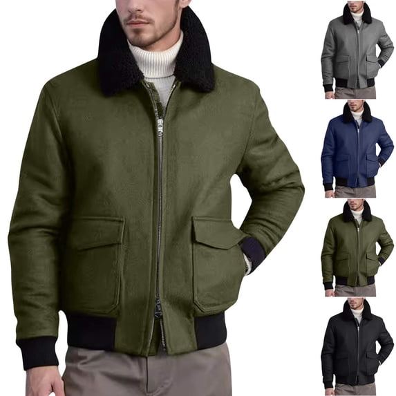 Timoontee Men's Flight Jacket Zip Up Jacket Daily Casual Jacket Coat Fall Winter Warm Outerwear Long Sleeve Lapel Jacket with Faux Fur Collar Army Green XXL