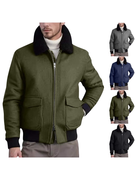 Men's Flight Jacket Zip Up Jacket Daily Casual Jacket Coat Fall Winter Warm Outerwear Long Sleeve Lapel Jacket with Faux Fur Collar Gray XL