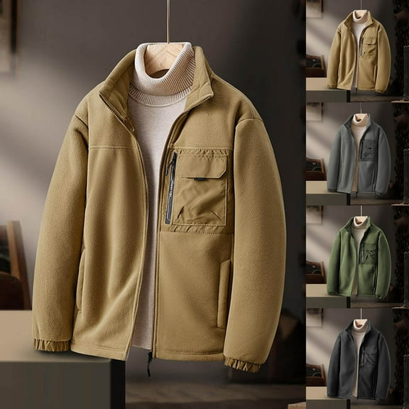 Timoontee Men's Full Zip Fleece Jacket Long Sleeve Stand Collar Jacket Coat Warm Thickened Sherpa Lined Jacket Daily Casual Jacket Fall Winter Jacket Army Green M