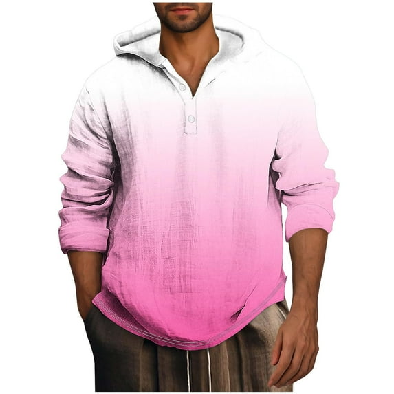 Timoontee Men's Gradient Color Hooded Sweatshirts Loose Long Sleeve Quarter Button Pullover Tops Fall Casual Lightweight Workout Sweatshirts Pink XXXXXL