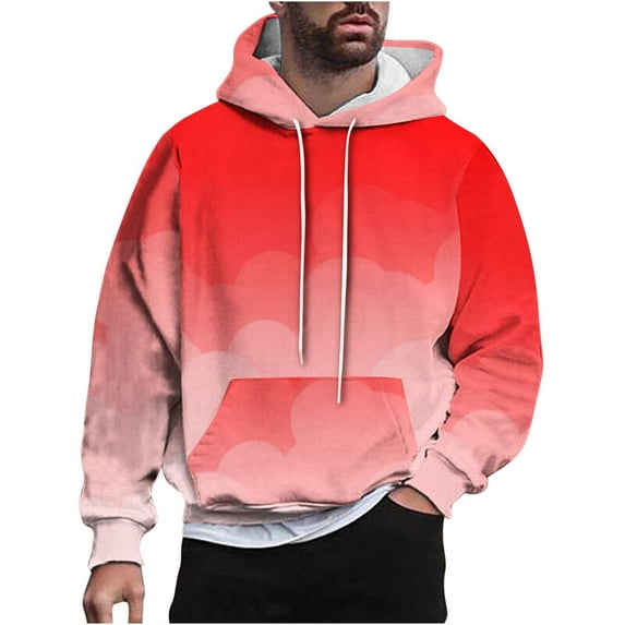 Timoontee Men's Gradient Color Hoodies Pullover Long Sleeve Tops Fall Casual Hiking Jogger Sports Hooded Sweatshirts Kangaroo Pocket Sweatshirts Red M