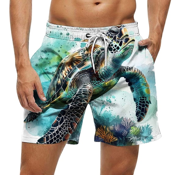Timoontee Men's Graphic Print Shorts Summer Hawaiian Casual Shorts Elastic Waist Drawstring Swim Trunks Loose Beach & Pool Shorts Multicolor S