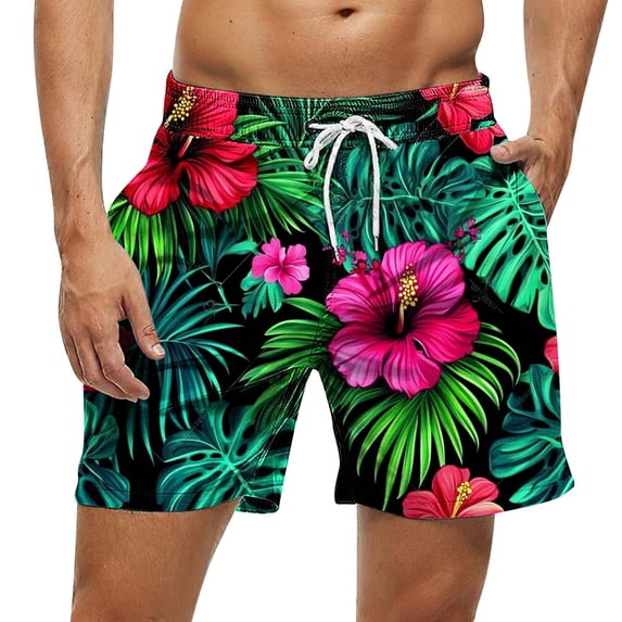 Timoontee Men's Graphic Print Shorts Summer Hawaiian Casual Shorts Elastic Waist Drawstring Swim Trunks Loose Beach & Pool Shorts Multicolor XL