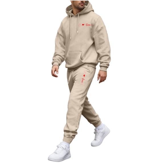 Timoontee Men's Heart Print Sweatsuit Two Piece Valentine Outfits Sets Long Sleeve Hooded Sweatshirt with Elastic Waist Drawstring Sweatpants Khaki M