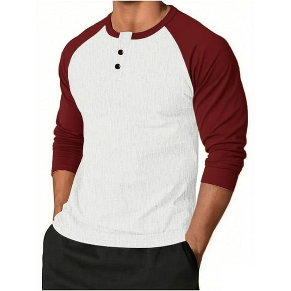 Timoontee Men's Henley Shirts Casual Long Sleeve Tops Color Block Undershirts 1/4 Button Up Tees Lightweight Spring Summer Fall Shirts Wine XXXL