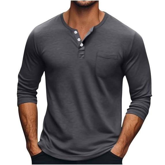 Timoontee Men's Henley Shirts Long Sleeve Quarter Button Pullover Tops Loose Lightweight Breathable Solid Pocket Casual Workout Blouses Dark Gray XXXXL
