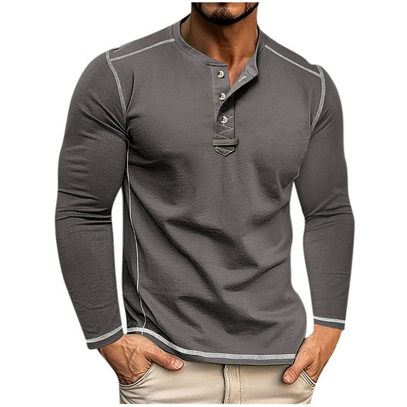 Timoontee Men's Henley Shirts Slim Fit Long Sleeve Vintage Pullover Shirts Breathable Workout Solid Color Button Shirts Dark Gray XL