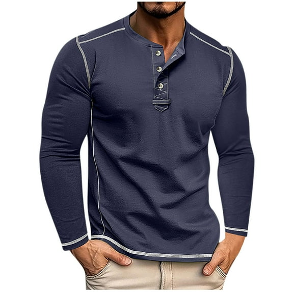 Timoontee Men's Henley Shirts Slim Fit Long Sleeve Vintage Pullover Shirts Breathable Workout Solid Color Button Shirts Navy XXL