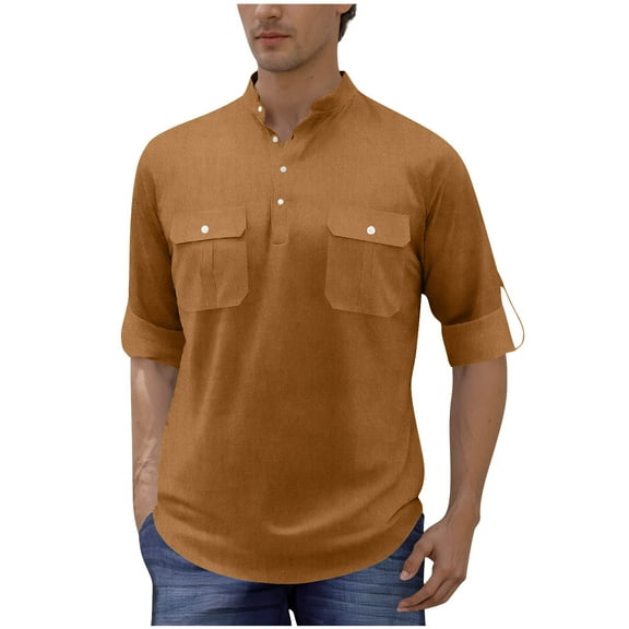 Timoontee Men's Henley T-Shirts Outdoor Casual Long Sleeve Button Down Shirts Lightweight Solid Regular Fit Shirts with Pockets Coffee XXXL