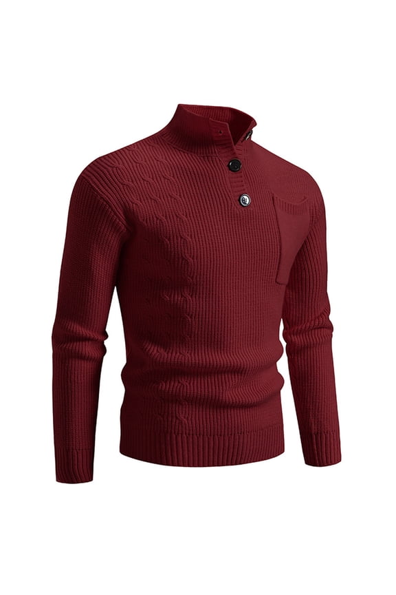 Men's High Neck Sweater Long Sleeve Rib Knit Sweaters Solid Quarter Button Pullover Fall Winter Casual Sweater with Pocket Wine XXL