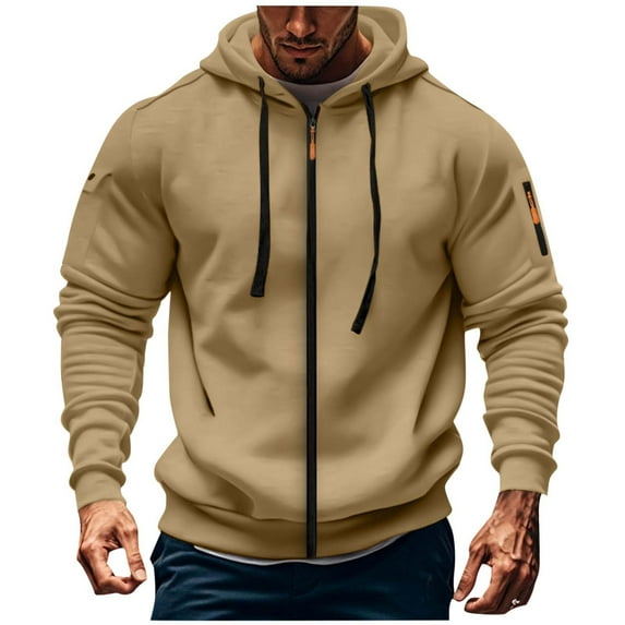 Timoontee Men's Hooded Sweatshirts Casual Long Sleeve Zip Up Sweatshirts Fall Winter Warm Hoodie Solid Color Drawstring Pocket Sweatshirts Khaki XL