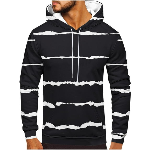 Timoontee Men's Hooded Sweatshirts Regular Long Sleeve Pockets Striped Print Pullover Tops Fall Winter Casual Thermal Warm Sweatshirts Black M