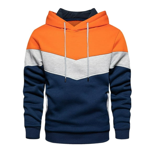 Timoontee Men's Hoodies Loose Fit Casual Long Sleeve Color Block Patchwork Pullover Tops Fall Winter Fashion Warm Hooded Sweatshirts Orange XL