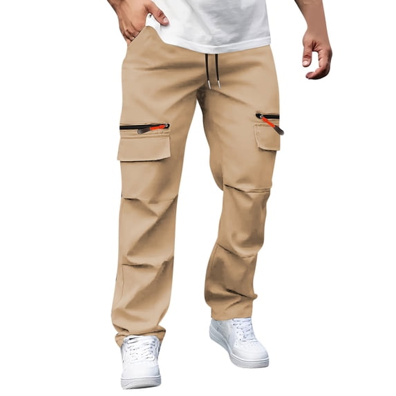 Timoontee Men's Ice Scik Pants Modern Fit Stretch Casual Sweatpants Elastic Waist Drawstring Quick Dry Solid Zipper Pockets Pants Khaki XXL