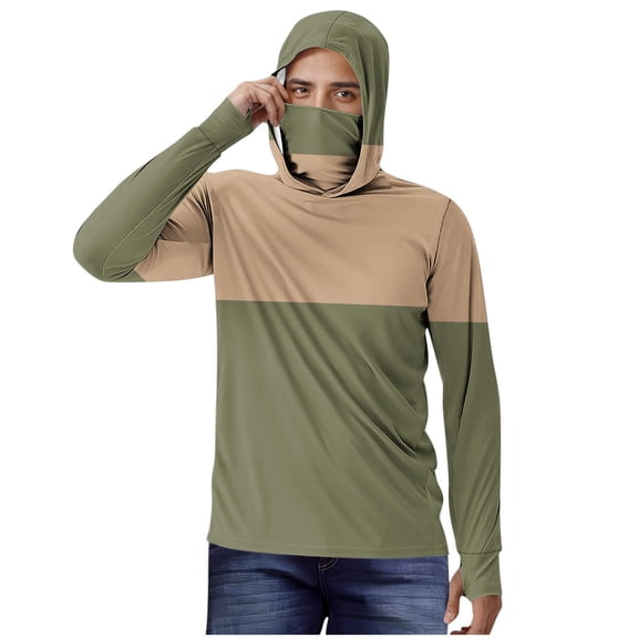 Timoontee Men's Ice Silk Pullover Shirts Long Sleeve Hooded Sun Shirts with Face Striped Printed Modern Fit Casual Shirts Army Green M